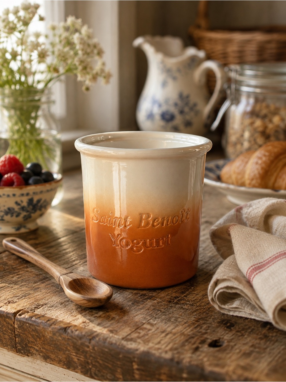 Vintage Saint Benoit CERMER Stoneware Yogurt Crock Peach Gradient Ceramic Pot